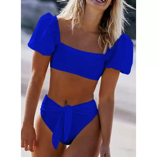 Dokotoo Womens 2023 Cute Solid Bubble Sleeves High Waisted Two Piece Bikini Swimsuit