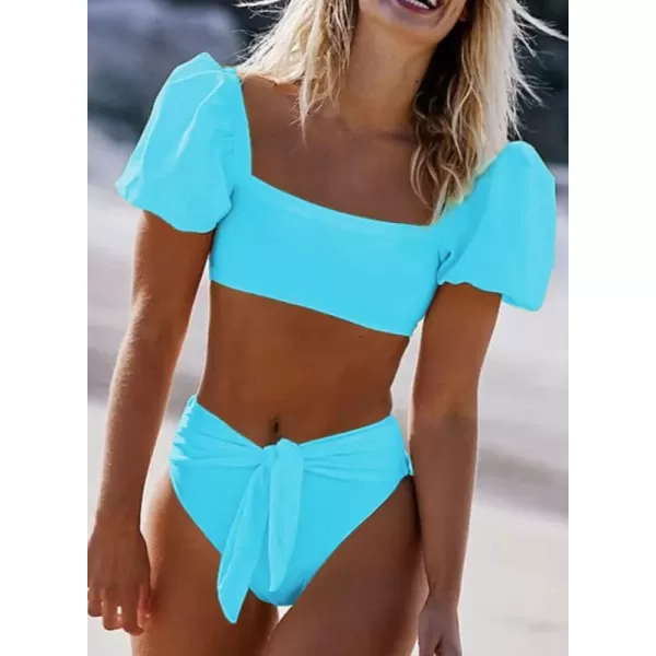Dokotoo Womens 2023 Cute Solid Bubble Sleeves High Waisted Two Piece Bikini Swimsuit