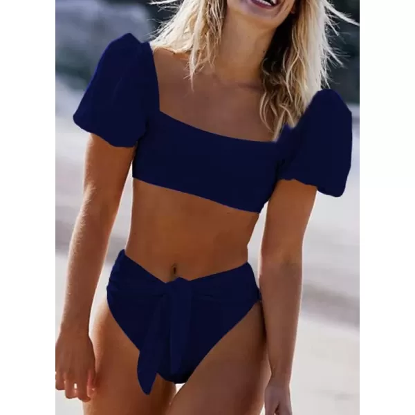 Dokotoo Womens 2023 Cute Solid Bubble Sleeves High Waisted Two Piece Bikini Swimsuit