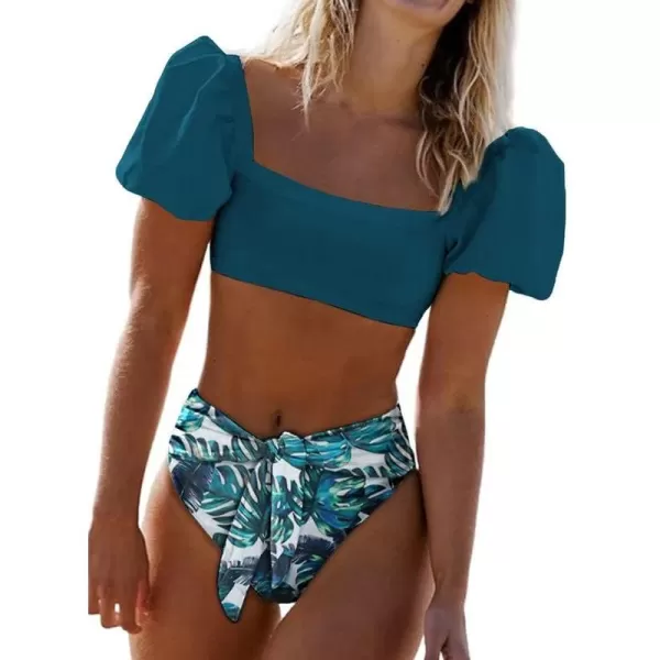 Dokotoo Womens 2023 Cute Solid Bubble Sleeves High Waisted Two Piece Bikini Swimsuit