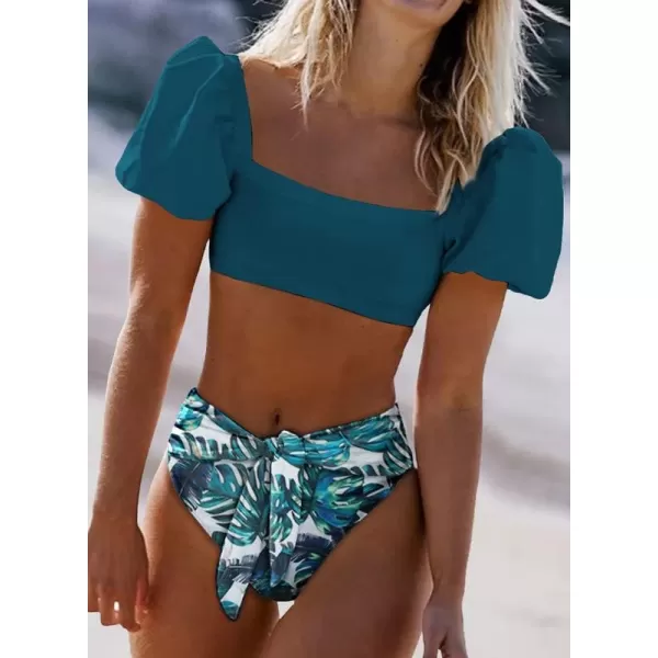 Dokotoo Womens 2023 Cute Solid Bubble Sleeves High Waisted Two Piece Bikini Swimsuit
