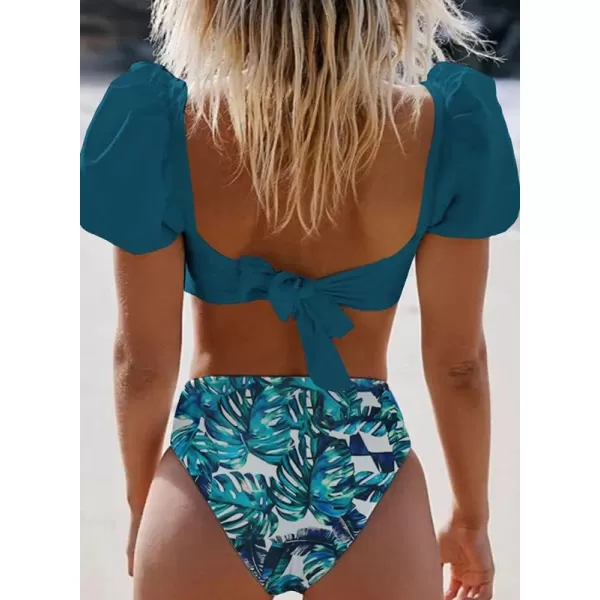 Dokotoo Womens 2023 Cute Solid Bubble Sleeves High Waisted Two Piece Bikini Swimsuit