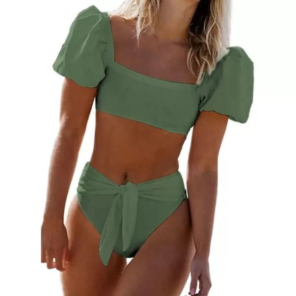 Dokotoo Womens 2023 Cute Solid Bubble Sleeves High Waisted Two Piece Bikini Swimsuit