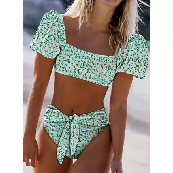 Dokotoo Womens 2023 Cute Solid Bubble Sleeves High Waisted Two Piece Bikini Swimsuit