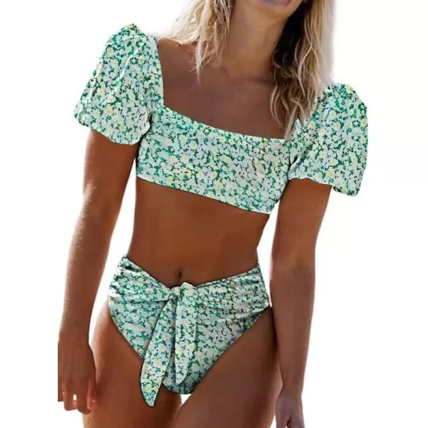 Dokotoo Womens 2023 Cute Solid Bubble Sleeves High Waisted Two Piece Bikini Swimsuit