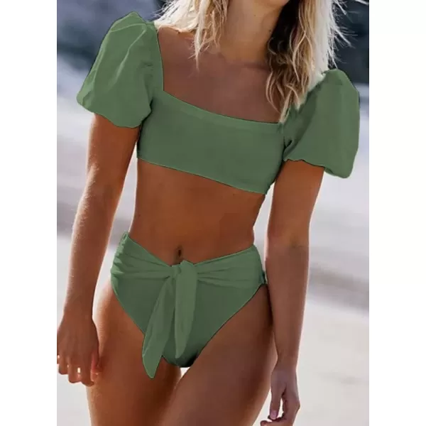 Dokotoo Womens 2023 Cute Solid Bubble Sleeves High Waisted Two Piece Bikini Swimsuit