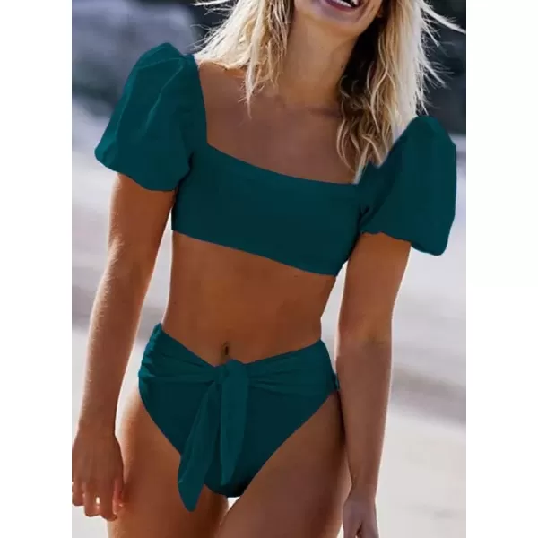 Dokotoo Womens 2023 Cute Solid Bubble Sleeves High Waisted Two Piece Bikini Swimsuit