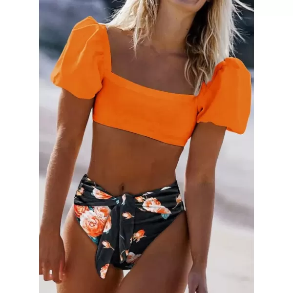 Dokotoo Womens 2023 Cute Solid Bubble Sleeves High Waisted Two Piece Bikini Swimsuit