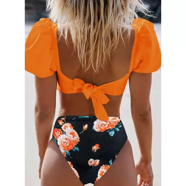 Dokotoo Womens 2023 Cute Solid Bubble Sleeves High Waisted Two Piece Bikini Swimsuit