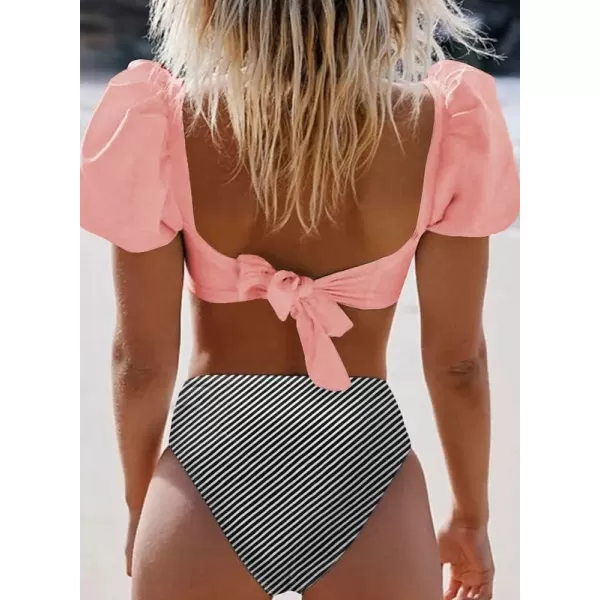 Dokotoo Womens 2023 Cute Solid Bubble Sleeves High Waisted Two Piece Bikini Swimsuit