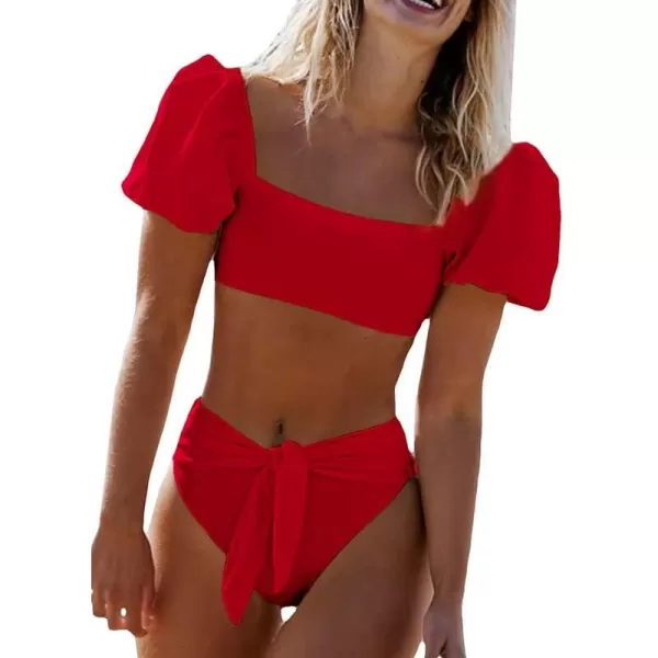 Dokotoo Womens 2023 Cute Solid Bubble Sleeves High Waisted Two Piece Bikini Swimsuit