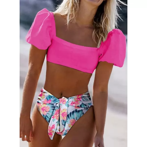 Dokotoo Womens 2023 Cute Solid Bubble Sleeves High Waisted Two Piece Bikini Swimsuit
