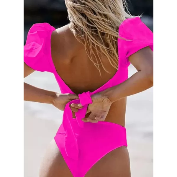 Dokotoo Womens 2023 Cute Solid Bubble Sleeves High Waisted Two Piece Bikini Swimsuit