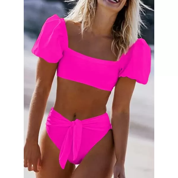 Dokotoo Womens 2023 Cute Solid Bubble Sleeves High Waisted Two Piece Bikini Swimsuit