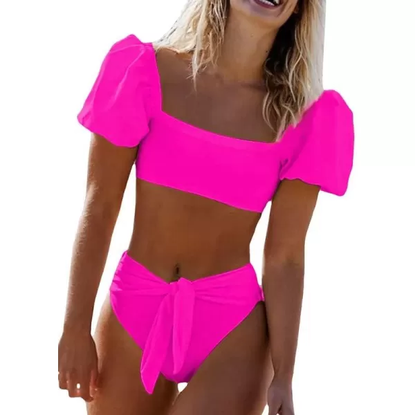 Dokotoo Womens 2023 Cute Solid Bubble Sleeves High Waisted Two Piece Bikini Swimsuit