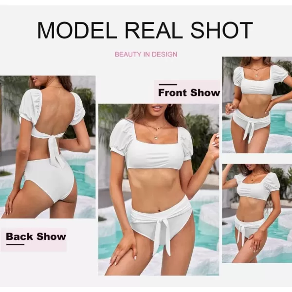 Dokotoo Womens 2023 Cute Solid Bubble Sleeves High Waisted Two Piece Bikini Swimsuit