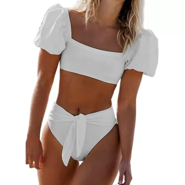 Dokotoo Womens 2023 Cute Solid Bubble Sleeves High Waisted Two Piece Bikini Swimsuit