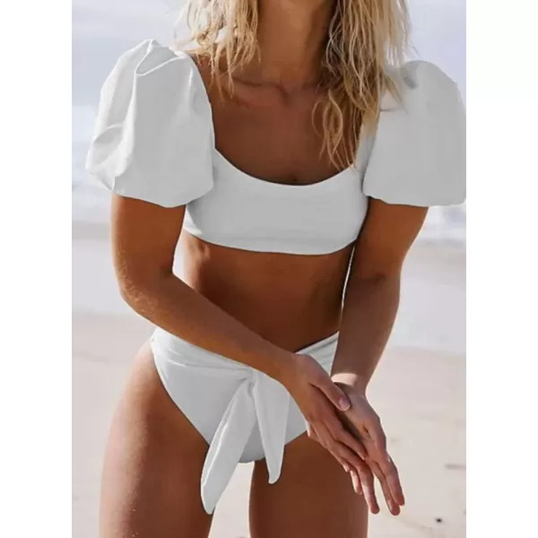 Dokotoo Womens 2023 Cute Solid Bubble Sleeves High Waisted Two Piece Bikini Swimsuit
