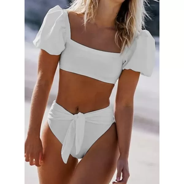 Dokotoo Womens 2023 Cute Solid Bubble Sleeves High Waisted Two Piece Bikini Swimsuit