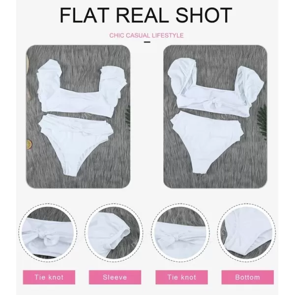 Dokotoo Womens 2023 Cute Solid Bubble Sleeves High Waisted Two Piece Bikini Swimsuit