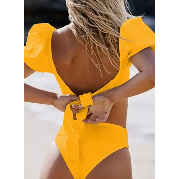Dokotoo Womens 2023 Cute Solid Bubble Sleeves High Waisted Two Piece Bikini Swimsuit