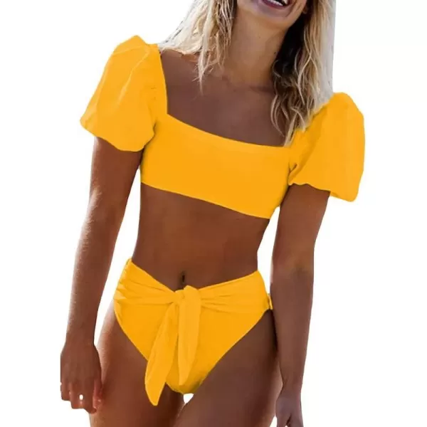 Dokotoo Womens 2023 Cute Solid Bubble Sleeves High Waisted Two Piece Bikini Swimsuit