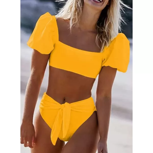 Dokotoo Womens 2023 Cute Solid Bubble Sleeves High Waisted Two Piece Bikini Swimsuit