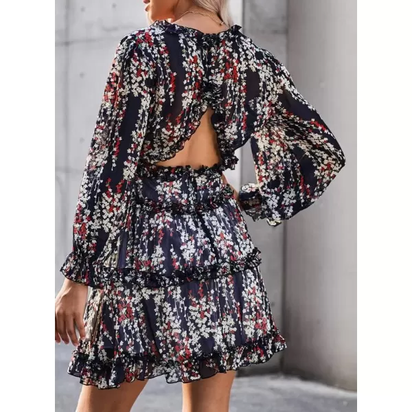 Dokotoo Womens 2023 Fall Deep V Neck Ruffle Long Sleeve Floral Print Mini Dress