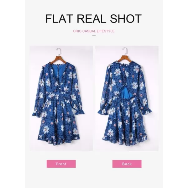 Dokotoo Womens 2023 Fall Deep V Neck Ruffle Long Sleeve Floral Print Mini Dress