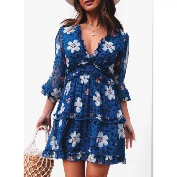 Dokotoo Womens 2023 Fall Deep V Neck Ruffle Long Sleeve Floral Print Mini Dress