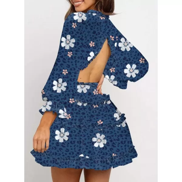 Dokotoo Womens 2023 Fall Deep V Neck Ruffle Long Sleeve Floral Print Mini Dress