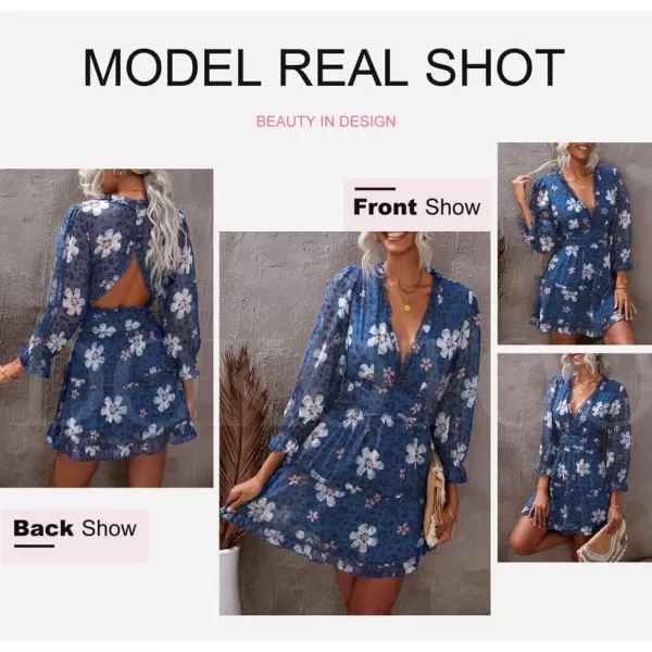 Dokotoo Womens 2023 Fall Deep V Neck Ruffle Long Sleeve Floral Print Mini Dress