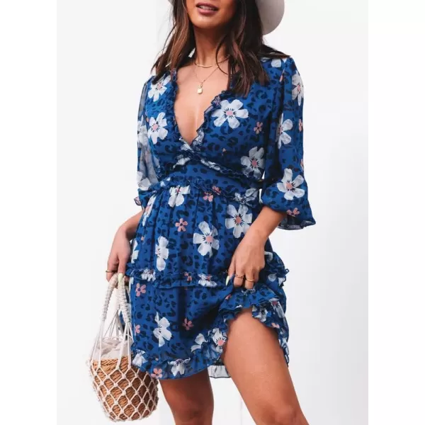 Dokotoo Womens 2023 Fall Deep V Neck Ruffle Long Sleeve Floral Print Mini Dress