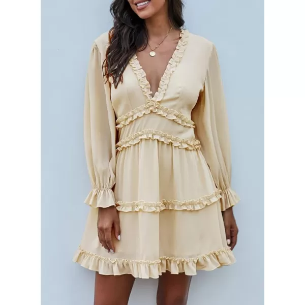 Dokotoo Womens 2023 Fall Deep V Neck Ruffle Long Sleeve Floral Print Mini Dress