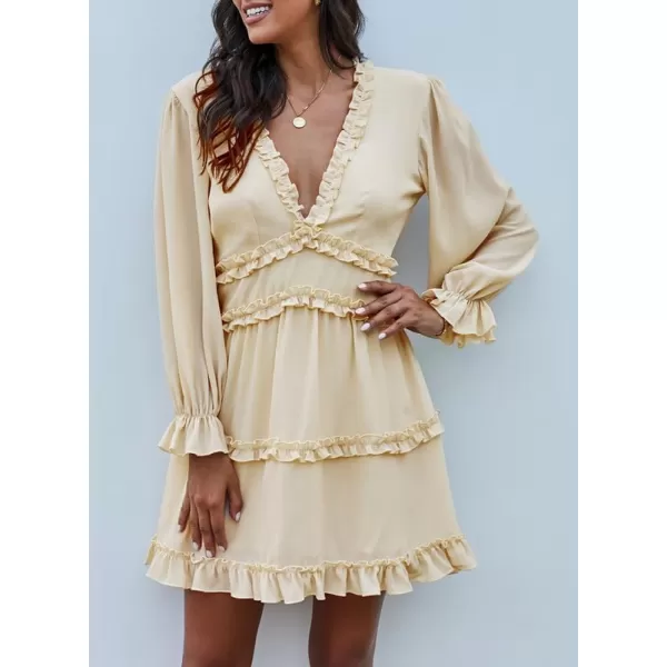 Dokotoo Womens 2023 Fall Deep V Neck Ruffle Long Sleeve Floral Print Mini Dress
