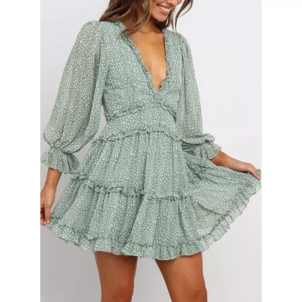 Dokotoo Womens 2023 Fall Deep V Neck Ruffle Long Sleeve Floral Print Mini Dress