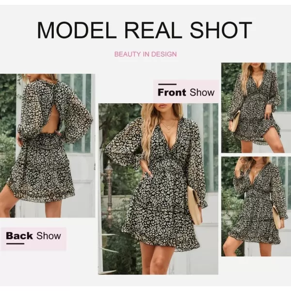 Dokotoo Womens 2023 Fall Deep V Neck Ruffle Long Sleeve Floral Print Mini Dress