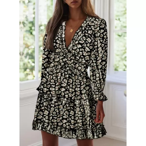 Dokotoo Womens 2023 Fall Deep V Neck Ruffle Long Sleeve Floral Print Mini Dress
