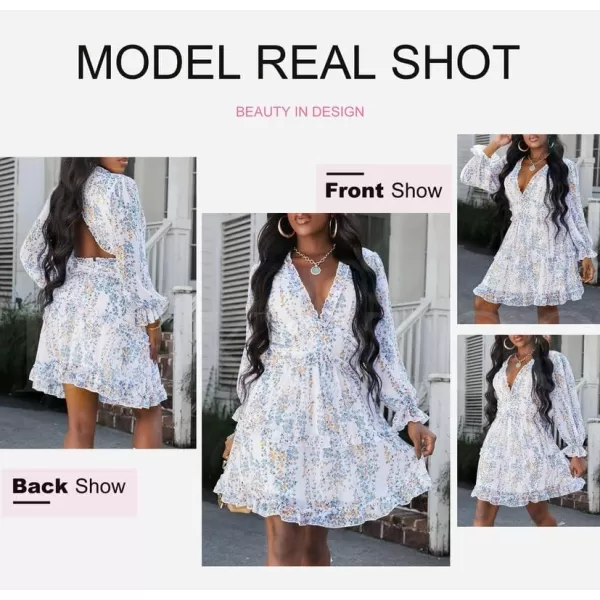 Dokotoo Womens 2023 Fall Deep V Neck Ruffle Long Sleeve Floral Print Mini Dress