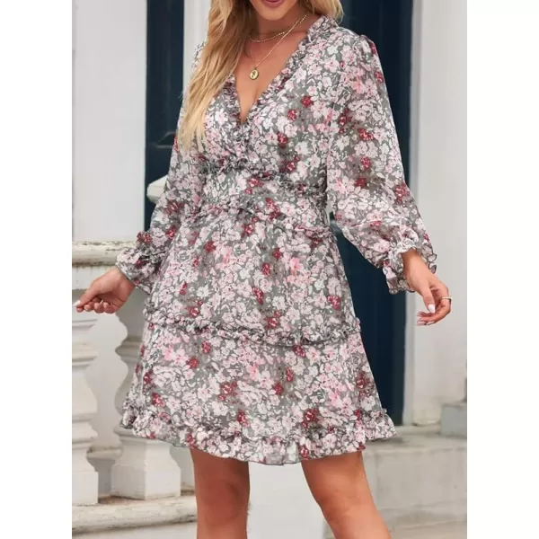 Dokotoo Womens 2023 Fall Deep V Neck Ruffle Long Sleeve Floral Print Mini Dress