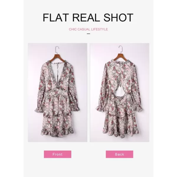 Dokotoo Womens 2023 Fall Deep V Neck Ruffle Long Sleeve Floral Print Mini Dress