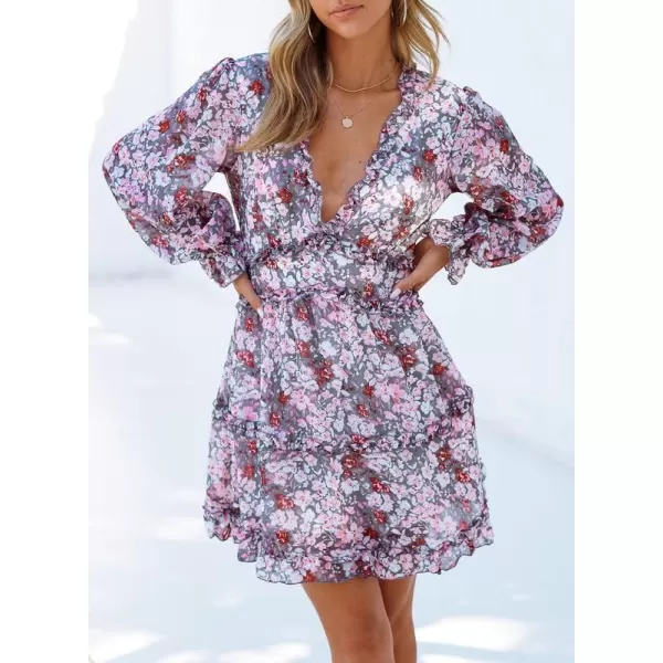 Dokotoo Womens 2023 Fall Deep V Neck Ruffle Long Sleeve Floral Print Mini Dress