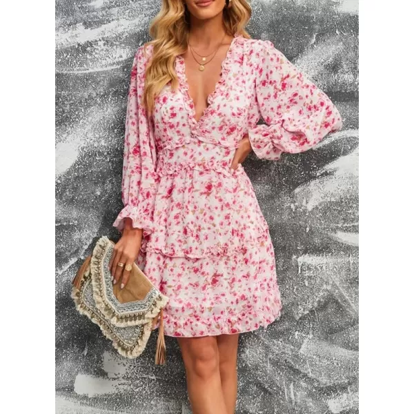 Dokotoo Womens 2023 Fall Deep V Neck Ruffle Long Sleeve Floral Print Mini Dress