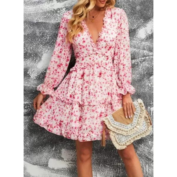Dokotoo Womens 2023 Fall Deep V Neck Ruffle Long Sleeve Floral Print Mini Dress