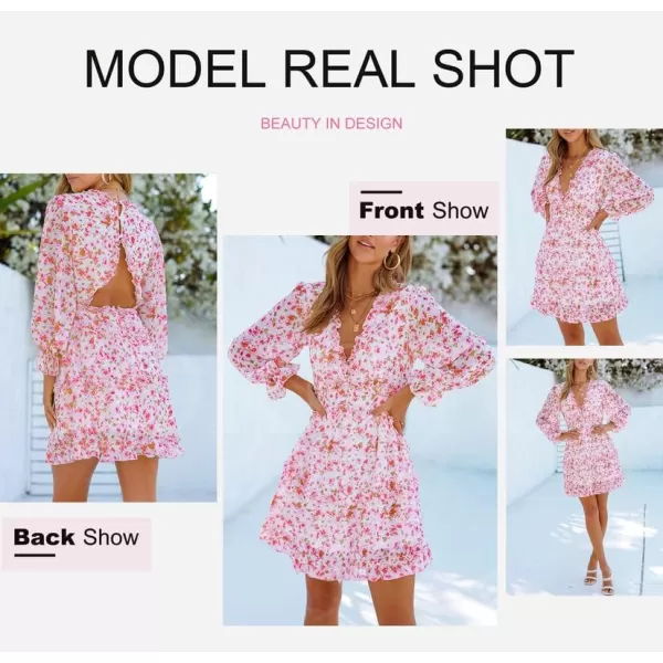 Dokotoo Womens 2023 Fall Deep V Neck Ruffle Long Sleeve Floral Print Mini Dress