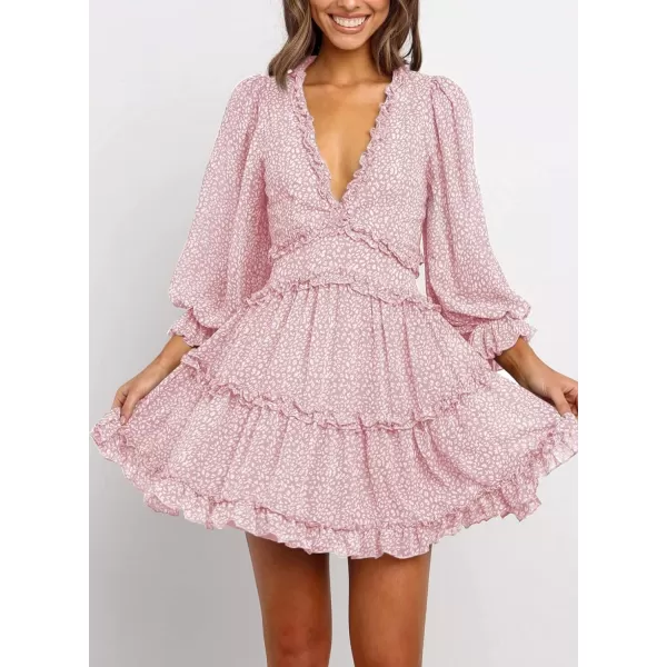Dokotoo Womens 2023 Fall Deep V Neck Ruffle Long Sleeve Floral Print Mini Dress