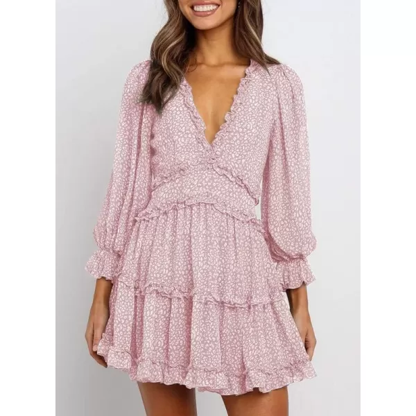 Dokotoo Womens 2023 Fall Deep V Neck Ruffle Long Sleeve Floral Print Mini Dress