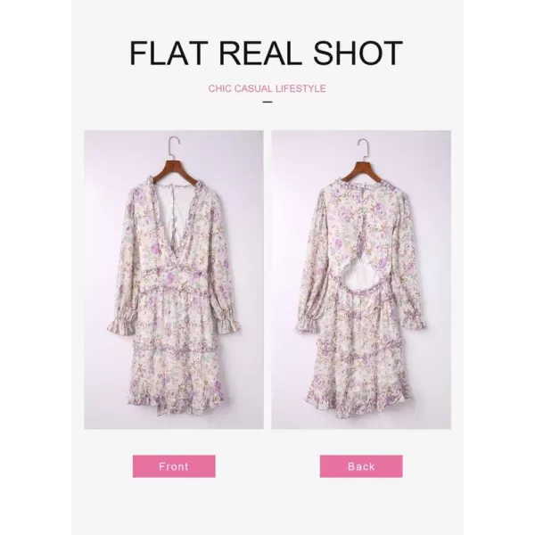 Dokotoo Womens 2023 Fall Deep V Neck Ruffle Long Sleeve Floral Print Mini Dress