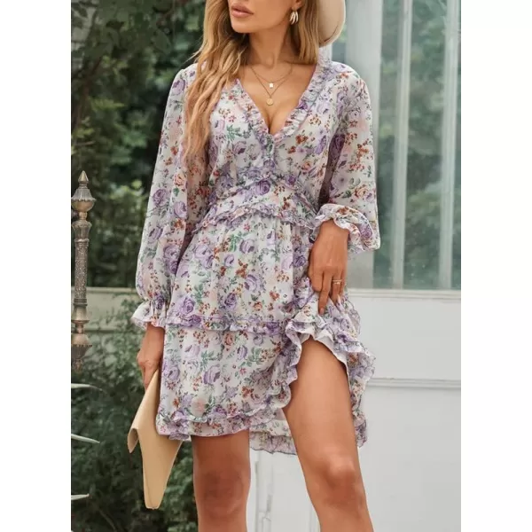 Dokotoo Womens 2023 Fall Deep V Neck Ruffle Long Sleeve Floral Print Mini Dress