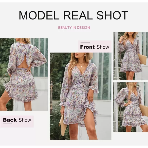 Dokotoo Womens 2023 Fall Deep V Neck Ruffle Long Sleeve Floral Print Mini Dress